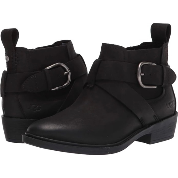 UGG Wylma Black Oiled Leather Moto Booties 1113422 Buckle Western Ankle Boots 7 - Picture 2 of 14
